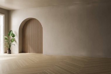 Kemer ve bitkilerle dolu içi boş bir bej oda. 3B Hazırlama