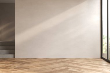 Dairenin modern iç tasarımı, bej duvarlı boş oturma odası, panorama.