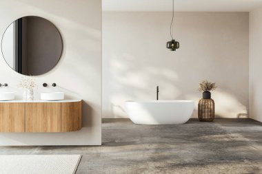 Küvet ve ahşap aksanlı modern banyo, minimalist tasarım, hafif arka plan, lüks ev ya da otel konsepti