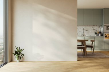 Dairenin, mutfağın, masa ve sandalyeli yemek odasının modern iç tasarımı, bej duvarlı boş oturma odası, panorama.