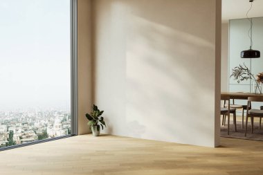 Dairenin, mutfağın, masa ve sandalyeli yemek odasının modern iç tasarımı, bej duvarlı boş oturma odası, panorama.