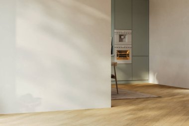 Dairenin, mutfağın, masa ve sandalyeli yemek odasının modern iç tasarımı, bej duvarlı boş oturma odası, panorama.