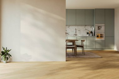 Dairenin, mutfağın, masa ve sandalyeli yemek odasının modern iç tasarımı, bej duvarlı boş oturma odası, panorama.