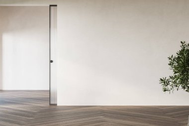 Dairenin modern iç tasarımı, beyaz duvarlı boş oturma odası, panorama.