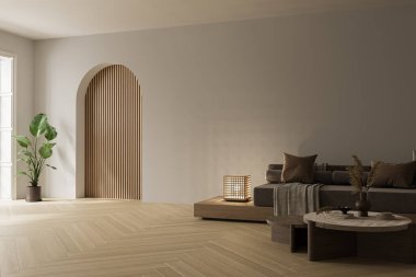 Hafif ahşap döşemeli rahat modern oturma odası, tarafsız yastıklı alçak kanepe, yuvarlak ahşap sehpalar ve yumuşak ortam aydınlatması..