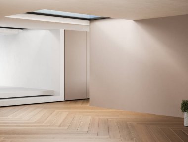 Minimalist boş oda, bej ve beyaz arka planlar, beton zemin, güneş ışığı, rahat ev, kapalı yer bitkisi. Ofis ve oturma odaları için alanı kopyalayın. 33d oluşturma ile alay et
