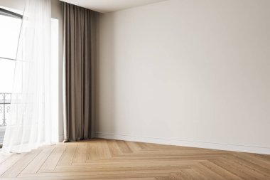 Dairenin modern iç tasarımı, beyaz duvarlı boş oturma odası, panorama. 3d Hazırlama