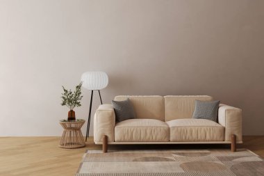 Oturma odasının iç duvarları bej kanepe, yastık, ekose, bitki, masa ve boho tarzı dekorasyonla sıcak tonlarda dekore edilmiş..