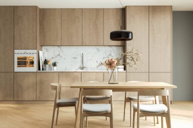 Mutfak iç kısımlarındaki yemek masasını kapat, modern mutfak gereçleriyle dolaba gir ve sobayla lavaboya git. Ahşap dizaynlı minimalist yemek pişirme alanı