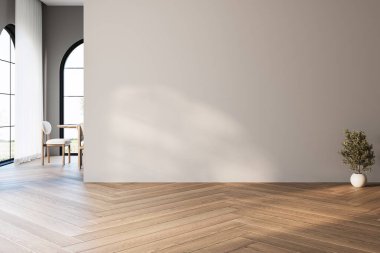 Dairenin modern iç tasarımı, masa ve sandalyeli yemek odası, mutfak, beyaz duvarlı boş oturma odası, panorama, bahçe, ağrılar..