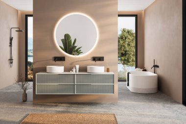 Modern minimalist banyo, modern banyo dolabı, beyaz lavabo, ahşap kibir, iç tesisler, banyo aksesuarları, küvet ve duş, beyaz ve bej duvarlar, beton zemin.