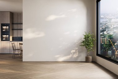 Sembol döşemesi ve saksı bitkisi olan boş bir oda. Arka planda büyük bir pencere ve mutfak manzaralı bir şehir manzarası var..