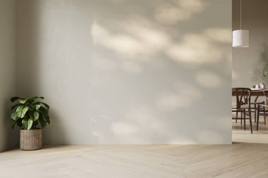 Dairenin modern iç tasarımı, masa ve sandalyeli yemek odası, bej duvarlı boş oturma odası, panorama.