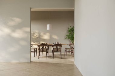 Dairenin modern iç tasarımı, masa ve sandalyeli yemek odası, bej duvarlı boş oturma odası, panorama.