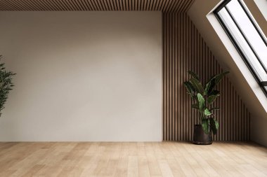 Çağdaş, beton ve ahşap duvarlı, parke zemin, bitkiler, panoramik pencereli boş bir oda..