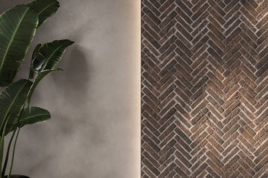 Çatı katı tarzı büyük pencereli boş bir oda. Modern bir iç mekanda tuğla ve beton duvar. Parlak ve ferah bir yer ve bolca doğal ışık. Boşluğu kopyala