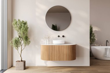 Modern banyo içi koyu kahverengi parke zemin, iki lavabo, çift ayna, beyaz küvet, iç tesisler.,