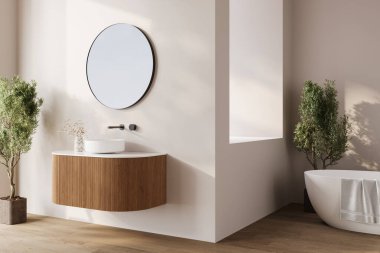 Modern banyo içi koyu kahverengi parke zemin, iki lavabo, çift ayna, beyaz küvet, iç tesisler.,