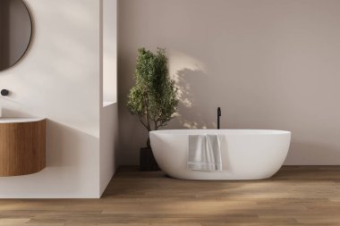 Modern banyo içi koyu kahverengi parke zemin, iki lavabo, çift ayna, beyaz küvet, iç tesisler.,