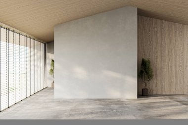 Çağdaş, doğa manzaralı boş bir oda. Tahta tavan ve kopya alanı için boş beton duvar var.