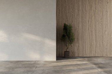 Çağdaş, doğa manzaralı boş bir oda. Tahta tavan ve kopya alanı için boş beton duvar var.