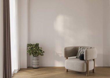 Minimalist tasarımı olan sakin bir köşe, rahat bir koltuk, yeşillikli dekoratif bir vazo ve duvarda yumuşak gölgeler bırakan güneş ışığı. İç mekan kavramları için mükemmel. 3B görüntüleme
