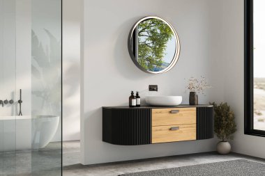 Ahşap ve siyah aksanlı modern banyo kibri, parlak ayna ve manzaraya bakan minimalist dekor. 3B görüntüleme