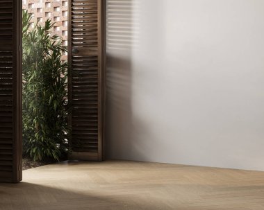 Empty room with herringbone wood flooring, wooden shutters, and sunlight casting soft patterns on neutral walls. 3D rendering clipart