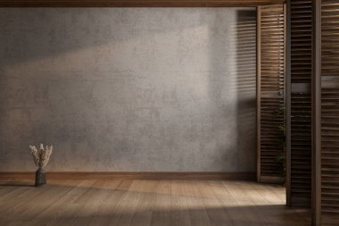 Tarafsız duvarları olan boş bir oda, ahşap panjurlar, içeri akan doğal ışık ve ahşap döşemeler. 3B görüntüleme