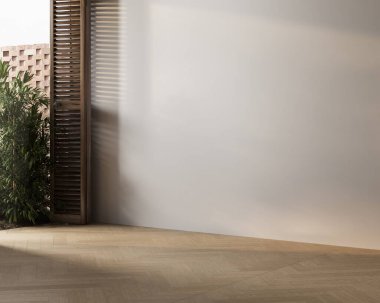 Boş oda, herringbone ahşap döşeme, ahşap panjurlar, ve güneş ışığı tarafsız duvarlara yumuşak desenler bırakıyor. 3B görüntüleme
