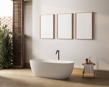 Minimalist banyo, serbest banyo, ahşap panjurlar, yeşillik, duvarda üç boş çerçeve ve havlu ve tuvalet malzemesi olan küçük bir tabure. 3B görüntüleme
