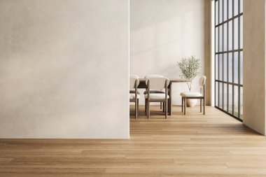 Minimalist boş oda, ahşap döşeme, geniş şebeke pencereleri, tarafsız duvarlar ve doğal ışıkla dolu tavan kirişleri. 3B görüntüleme.