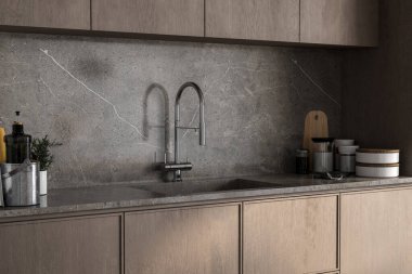 Modern kitchen detail with a sleek faucet, stone backsplash, and wooden cabinetry, styled with minimal decor elements. 3D rendering. clipart