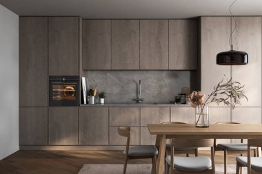 Ahşap dolaplı modern mutfak, taş kaplama, dahili fırın, ve ahşap bir masa ile bir yemek alanı içeren kolye aydınlatma. 3B görüntüleme.