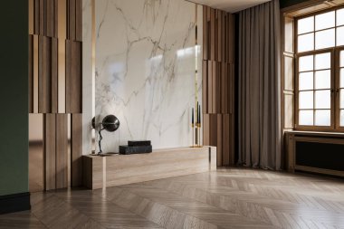 Ahşap duvar panelleri, mermer aksanlı modern boş bir oda ve büyük pencerelerin yanında zarif dekor aksanları olan minimalist bir televizyon ünitesi. 3B görüntüleme