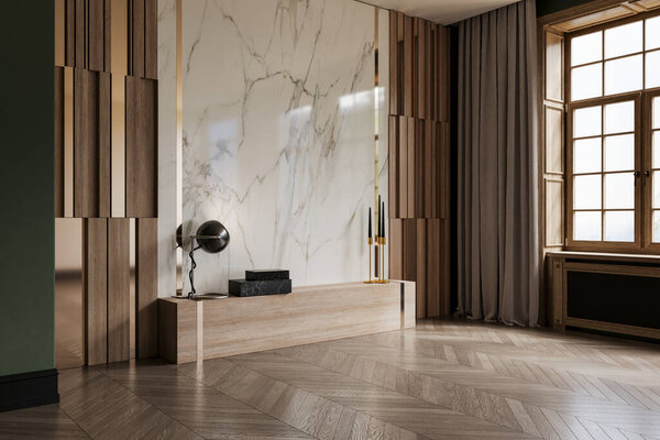 Modern empty room with wooden wall panels, marble accent, and a minimalist TV unit near large windows, featuring elegant decor accents. 3D rendering