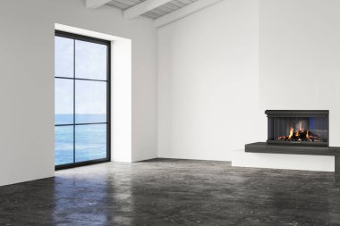 Empty Scandinavian-style room with modern fireplace, stacked firewood, concrete floor, and ocean-view window. Minimalist and natural design. 3D rendering. clipart