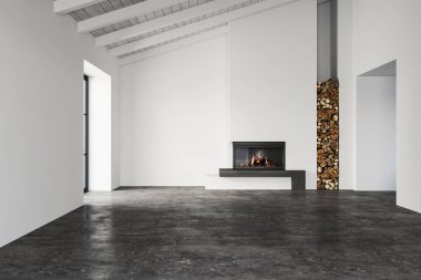 Empty Scandinavian-style room with modern fireplace, stacked firewood, concrete floor, and ocean-view window. Minimalist and natural design. 3D rendering. clipart