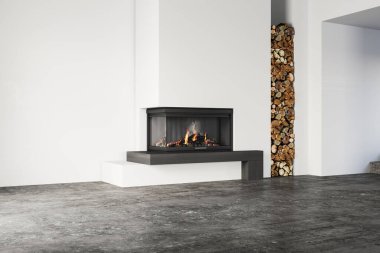 Empty Scandinavian-style room with modern fireplace, stacked firewood, concrete floor, and ocean-view window. Minimalist and natural design. 3D rendering. clipart