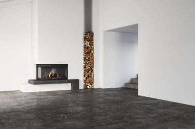 Modern şöminesi olan boş İskandinav tarzı bir oda. Odun yığını, beton zemin ve okyanus manzaralı pencere. Minimalist ve doğal tasarım. 3B görüntüleme.
