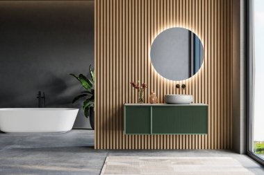 Modern banyo küveti, ahşap kaplamalı duvar, arka aydınlatma aynası, ve büyük bir pencerenin yanında yüzen yeşil kibir. 3B görüntüleme.