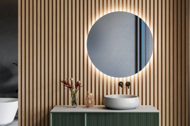 Modern bir banyo süsü, içinde çiçekler olan cam bir vazo, ahşap bir kandil feneri ve ahşap bir duvara dayalı seramik bir leğen. 3B görüntüleme