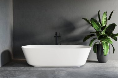 Modern banyo küveti, ahşap kaplamalı duvar, arka aydınlatma aynası, ve büyük bir pencerenin yanında yüzen yeşil kibir. 3B görüntüleme.