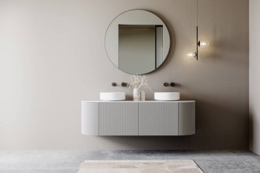 Yüzen bir kibri, yuvarlak aynası, çift katlı lavabosu ve nötr bir duvara dayalı minimalist ışıklandırması olan modern bir banyo. Zarif ve çağdaş tasarım. 3B görüntüleme.