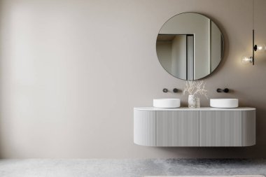 Yüzen bir kibri, yuvarlak aynası, çift katlı lavabosu ve nötr bir duvara dayalı minimalist ışıklandırması olan modern bir banyo. Zarif ve çağdaş tasarım. 3B görüntüleme.