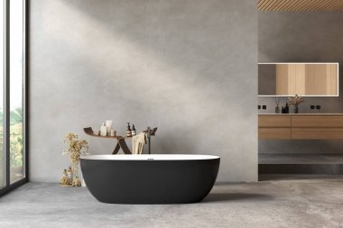 Serbest çalışan siyah küvetli modern banyo, tuvalet malzemeli ahşap masa ve beton duvarlara ve zemine karşı minimalist kibir. 3B görüntüleme.