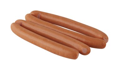 Pişirilmiş, tütsülenmiş sosis beyaz arka planda izole edilmiş.
