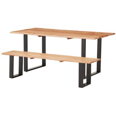 Metal bacaklı, uzun tahta bir sandalye. Pek çok insan için oturabilir. İzole bir arka plan.