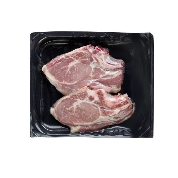 Huesos Cerdo Frescos Una Caja Plástico Con Corte Aislado Sobre — Foto de Stock