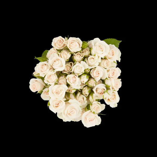 Bouquet of white roses with thorns Take a photo from above with cut out isolated on black background have clipping pat